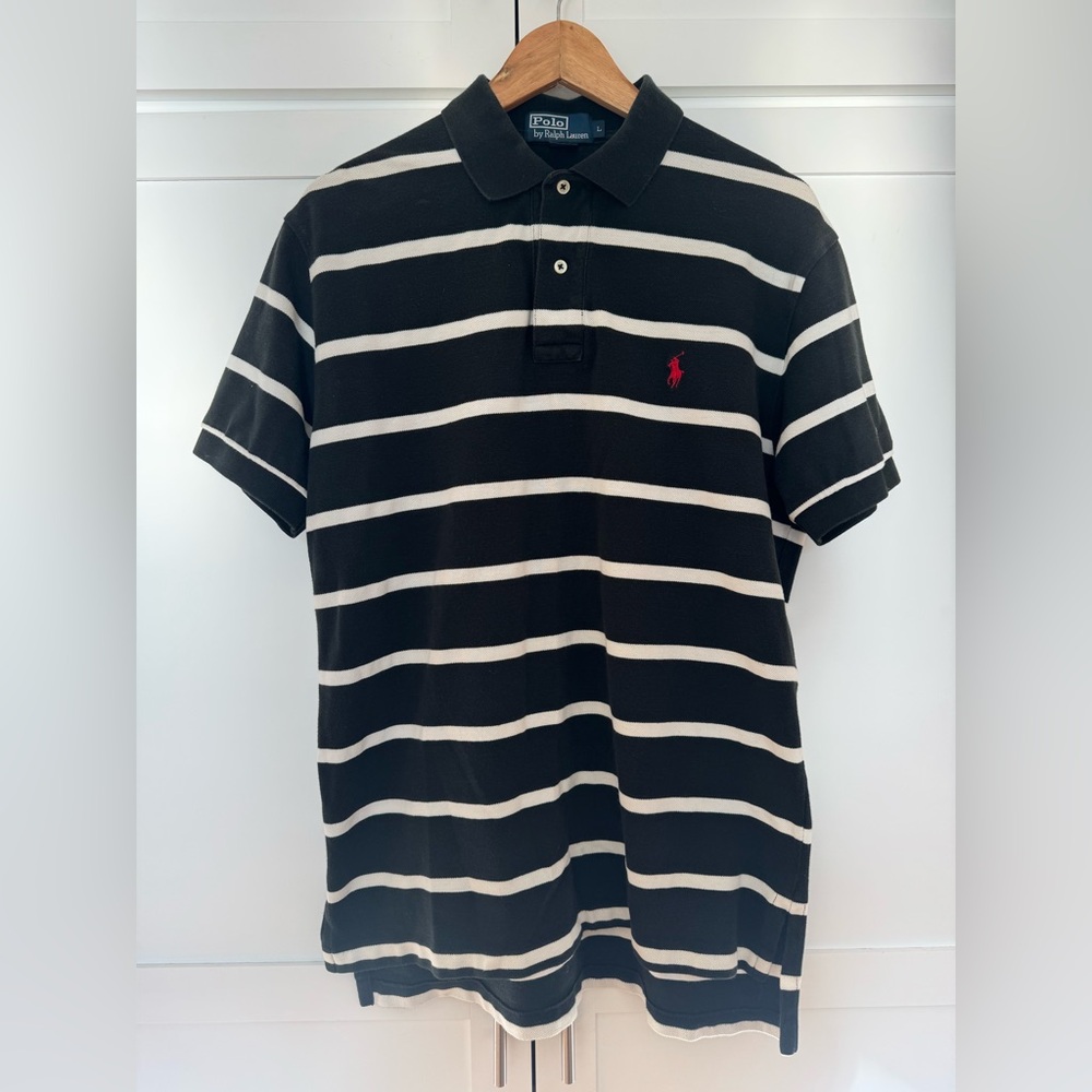 Ralph Lauren Black & White Striped Polo with Red Logo Large